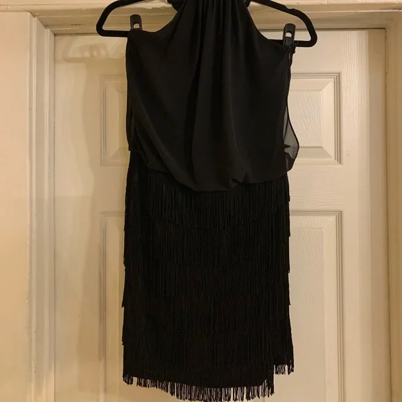 aidan mattox fringe cocktail dress Aidan by Aidan Mattox Black Sequin Dress with Fringe